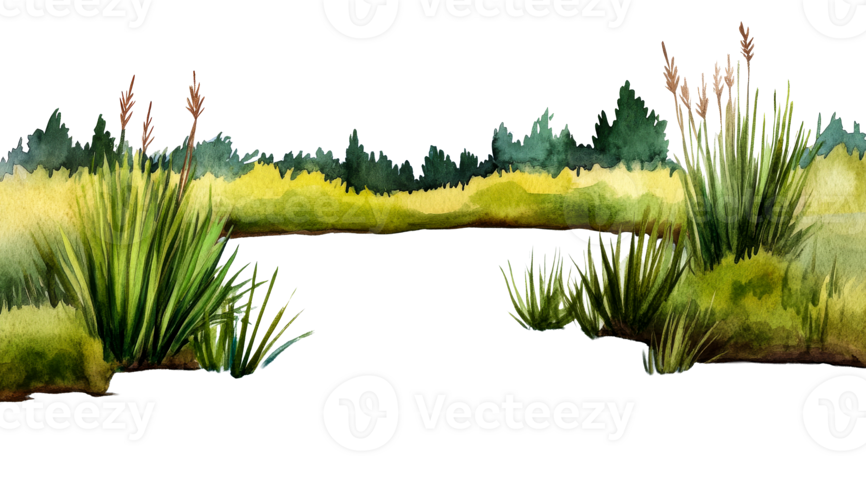 Watercolor landscape with grass and trees, cut out transparent png