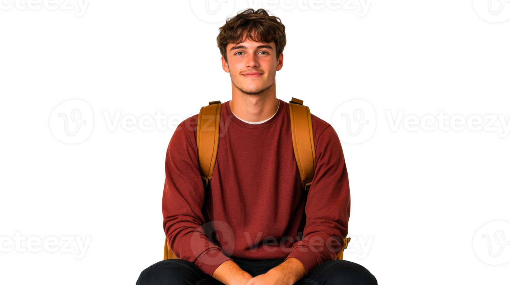 Student in red sweater sits with backpack, looking forward, cut out transparent png