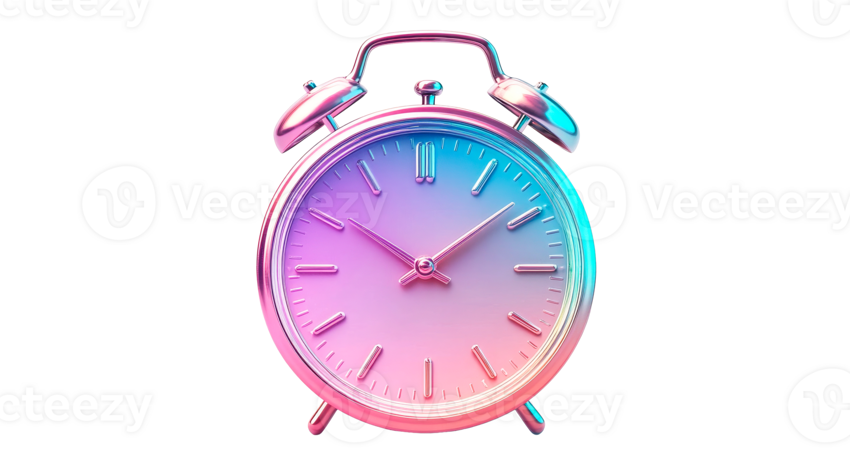Colorful metallic alarm clock design concept, neon light, cut out transparent png