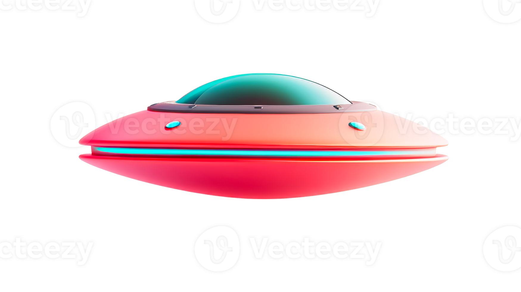 Pink cartoon UFO with blue light and dome, cut out transparent png