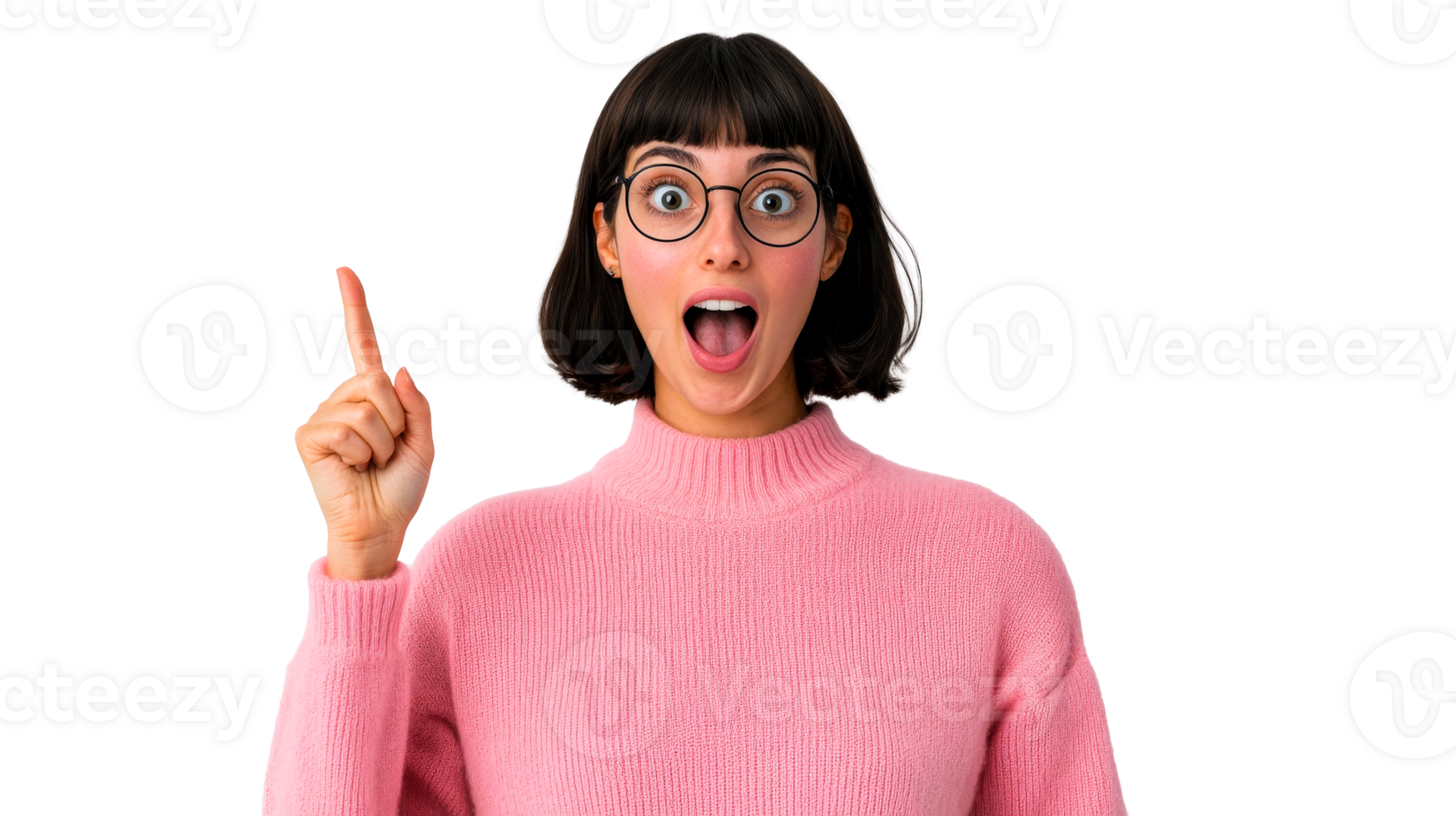 Woman with eyeglasses pointing up, surprised expression, cut out transparent png