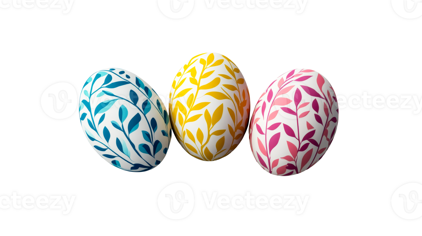 Three colorful easter eggs on a black background, cut out transparent png
