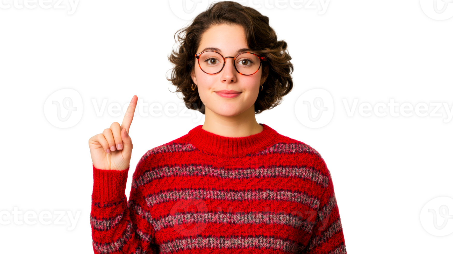 Thoughtful girl with a sweater and round glasses points up, cut out transparent png