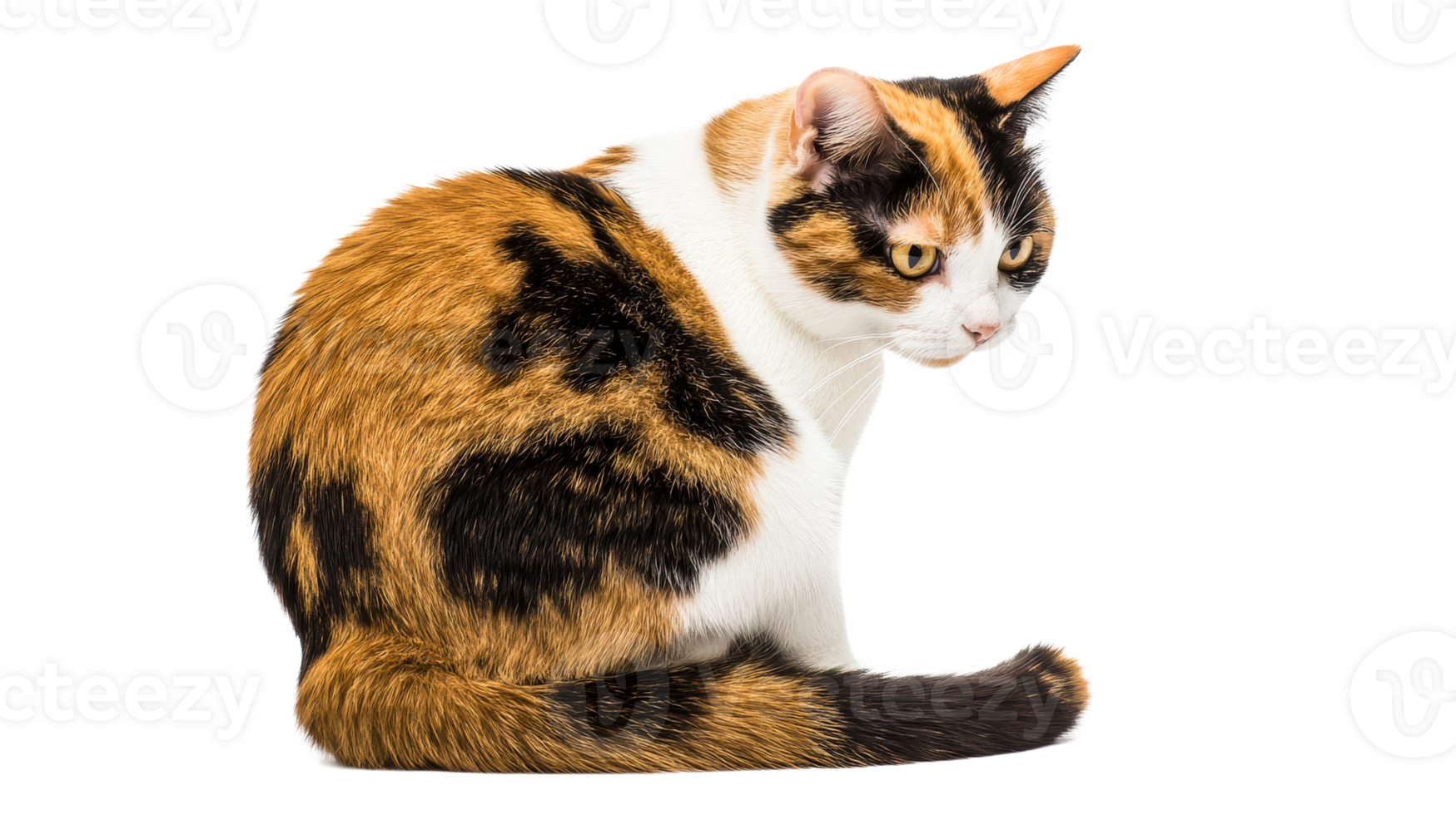 Calico cat with curious gaze sitting and looking down, cut out transparent png
