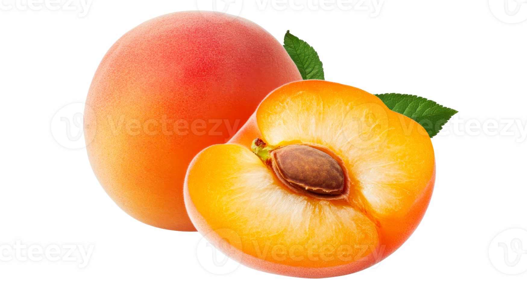 Apricot fruit, whole and sliced, with leaves, cut out transparent png
