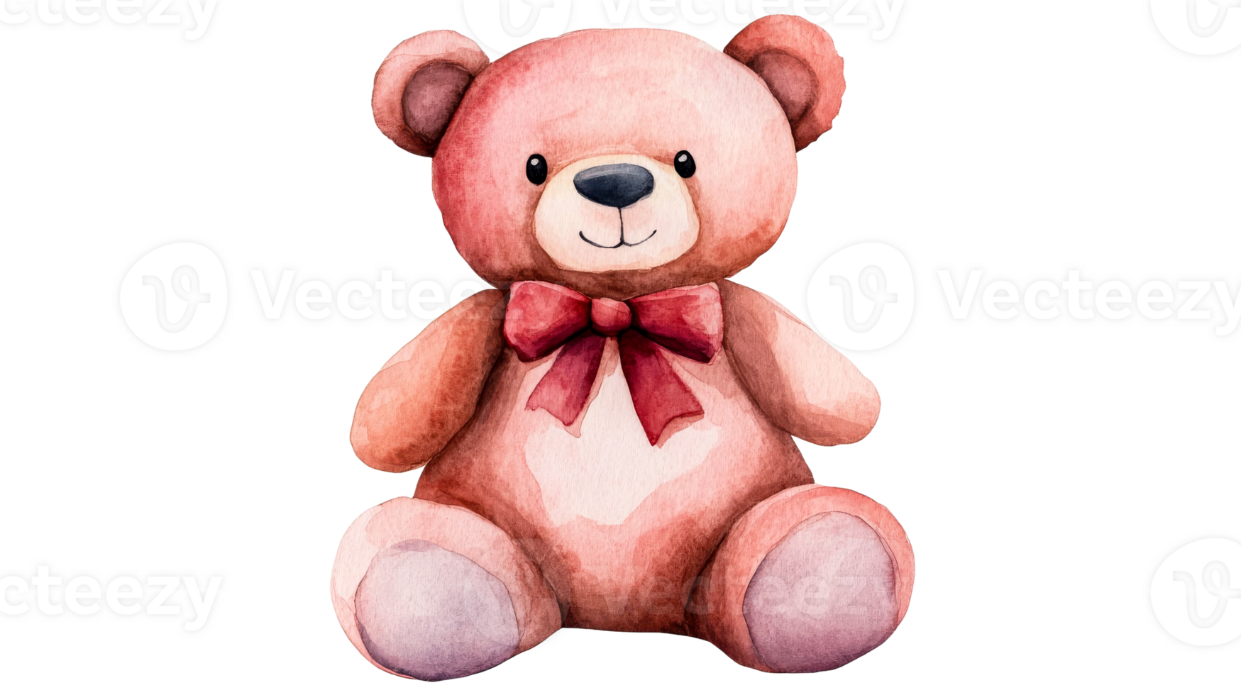Watercolor teddy bear with red bow, cute art illustration, cut out transparent png