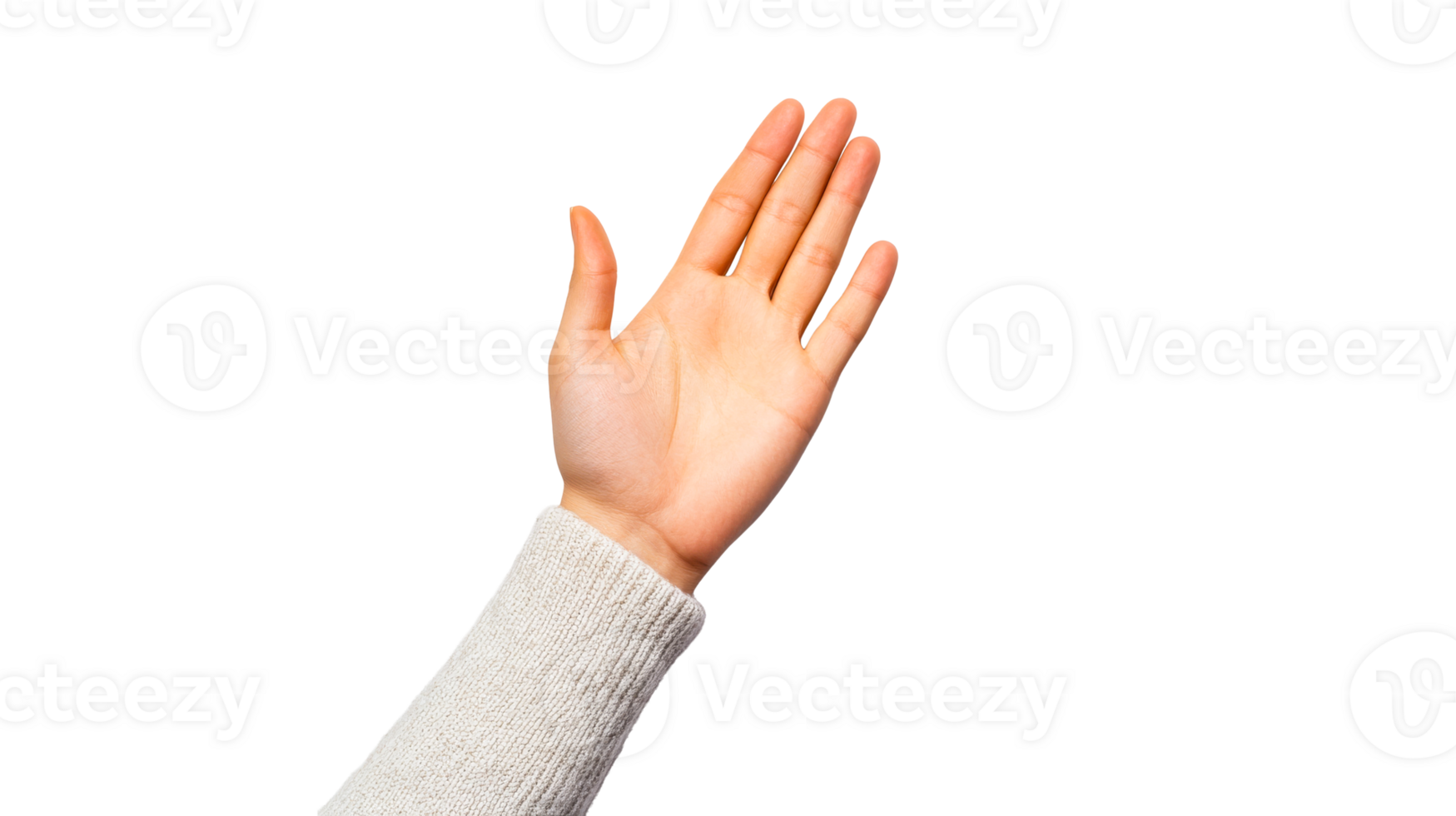 Raised open hand gesture with sweater sleeve, cut out transparent png