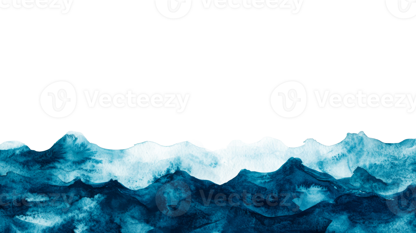 Watercolor mountain range painting in blues, cut out transparent png