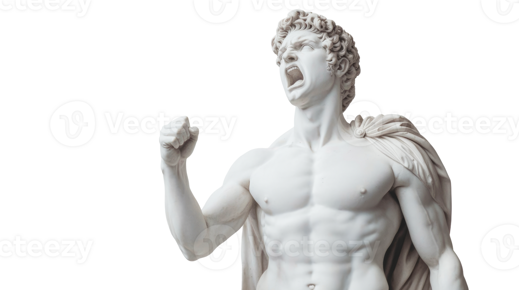 Marble sculpture of shouting man with clenched fist, cut out transparent png