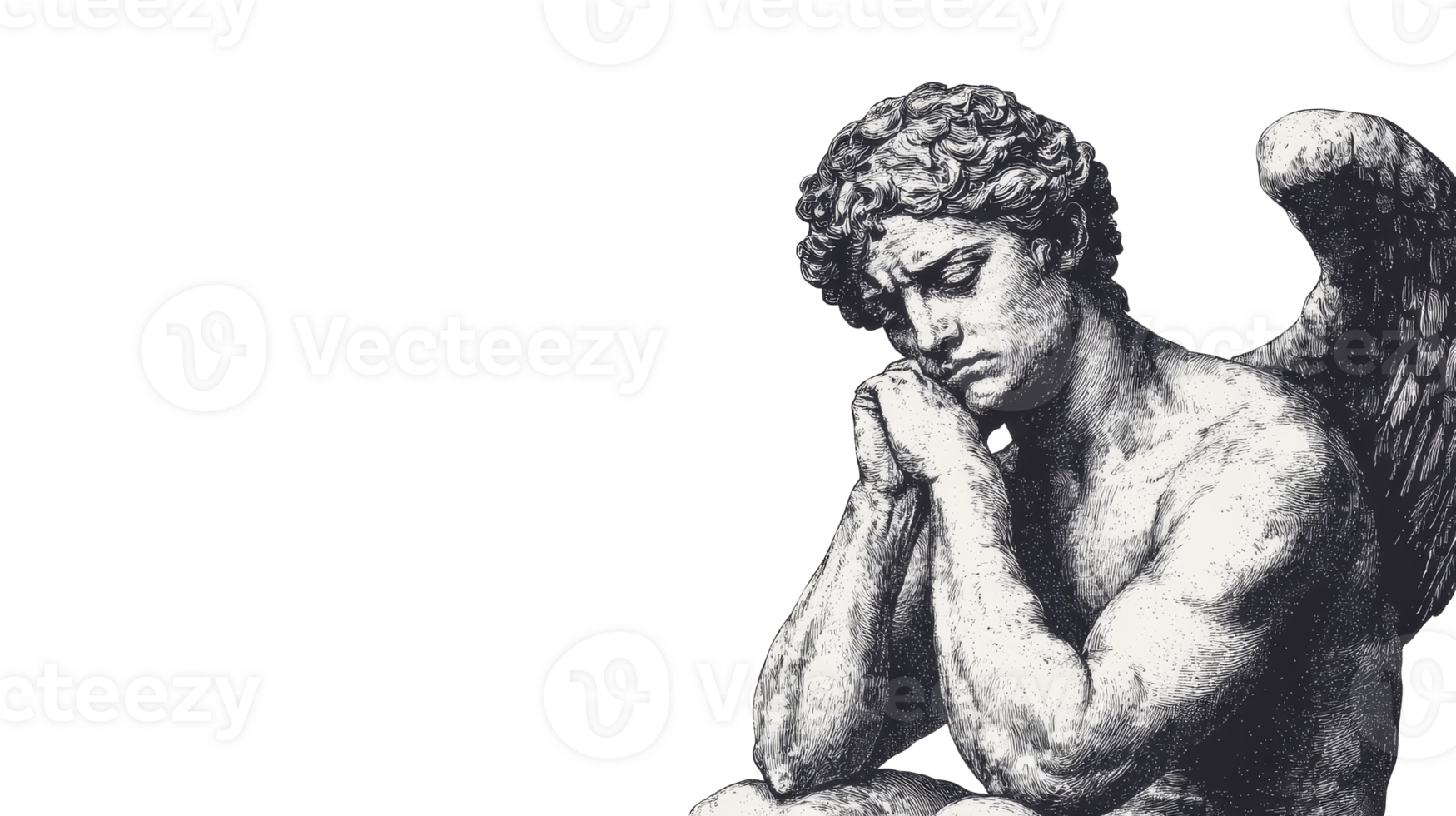 Angelic male statue, thoughtful pose, black and white engraving, cut out transparent png