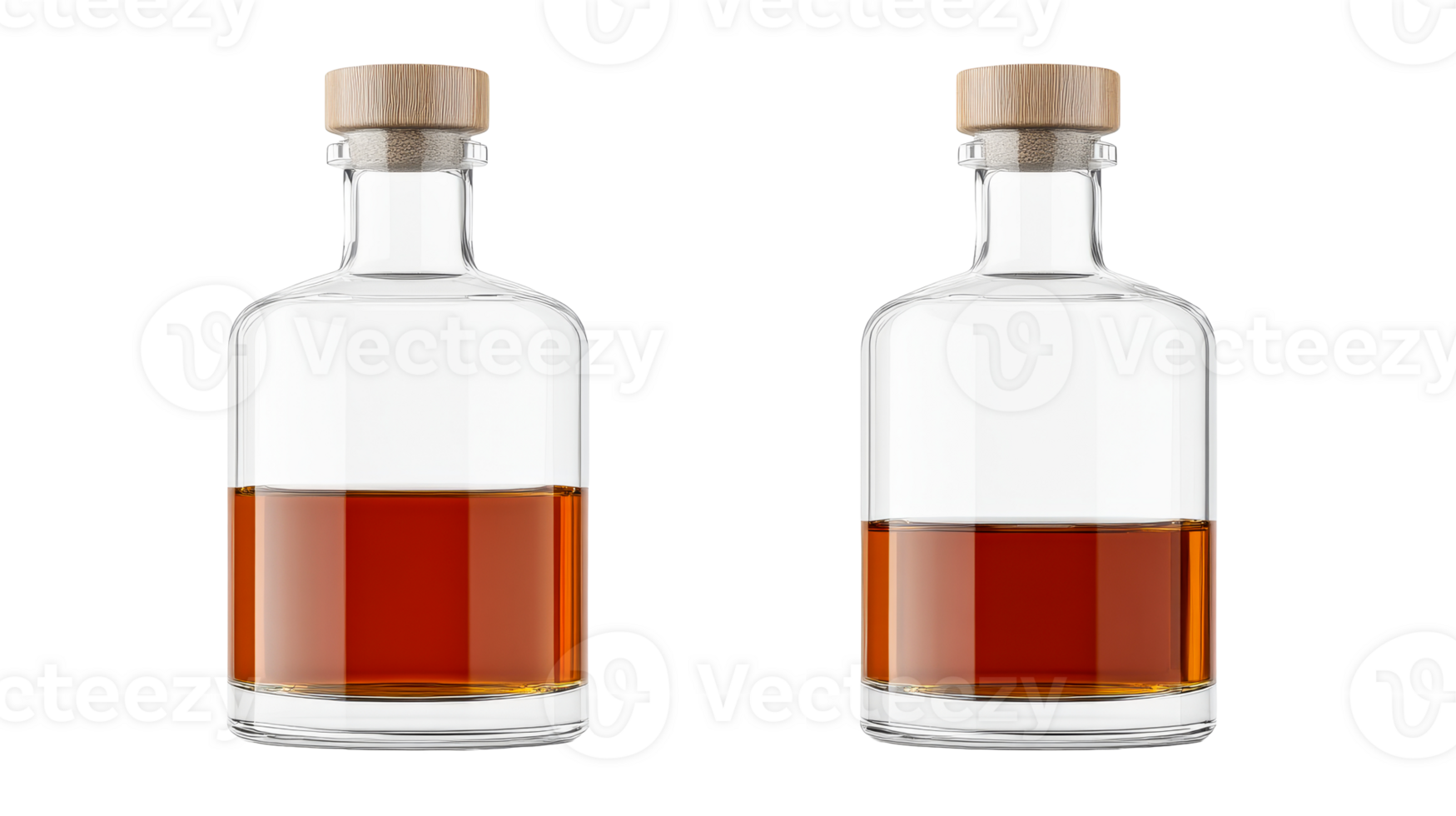 Two bottles of rum filled with brown liquid, isolated, cut out transparent png