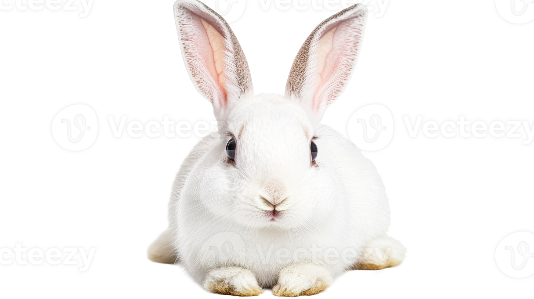 White rabbit with long ears sits and looks at the camera, cut out transparent png