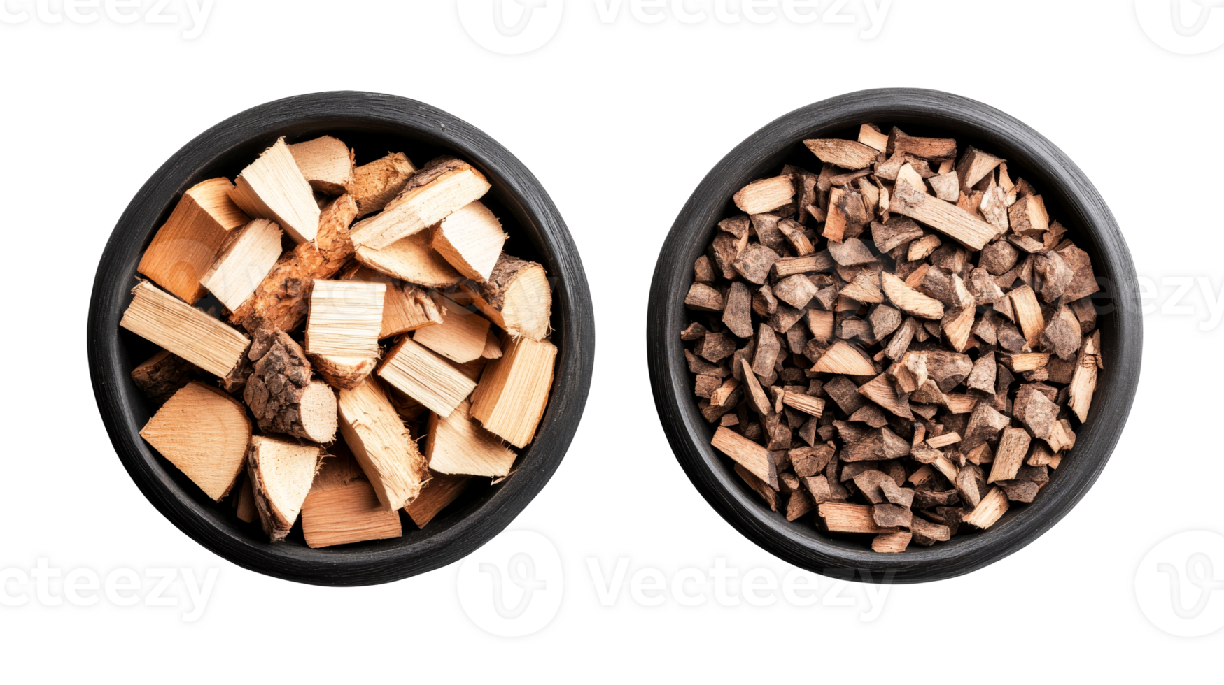Two bowls filled with wood, rustic containers, top view, cut out transparent png