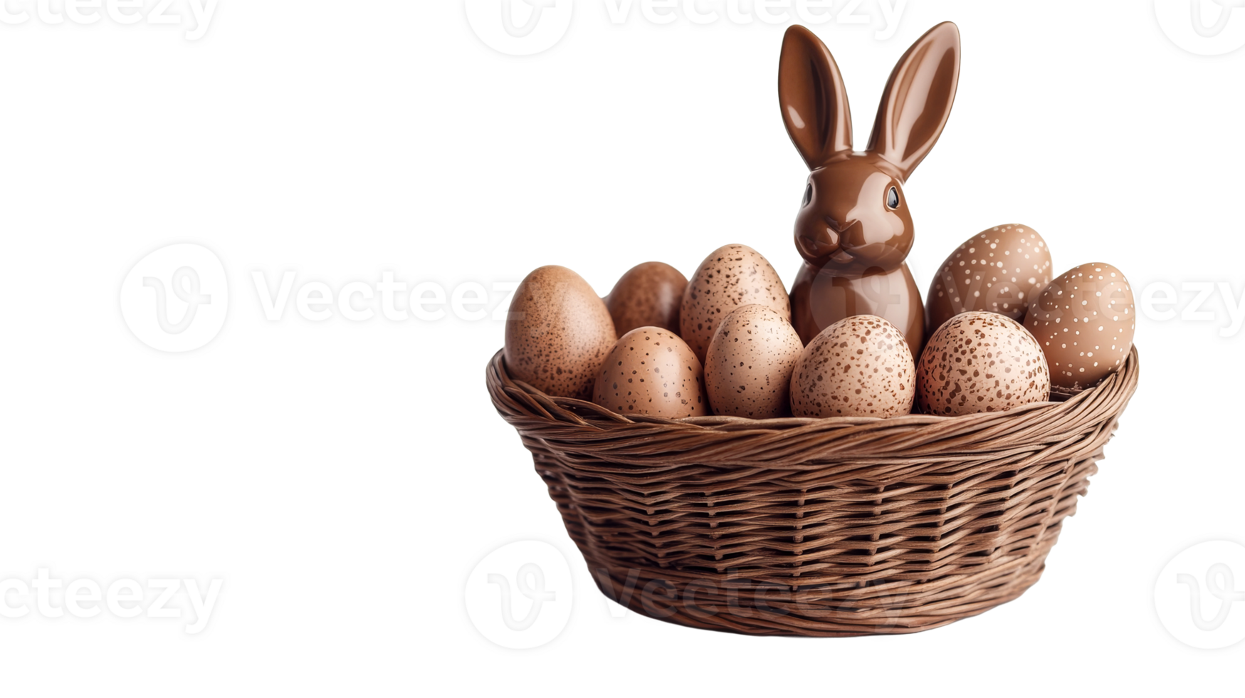 Chocolate Easter bunny with basket full of eggs, cut out transparent png