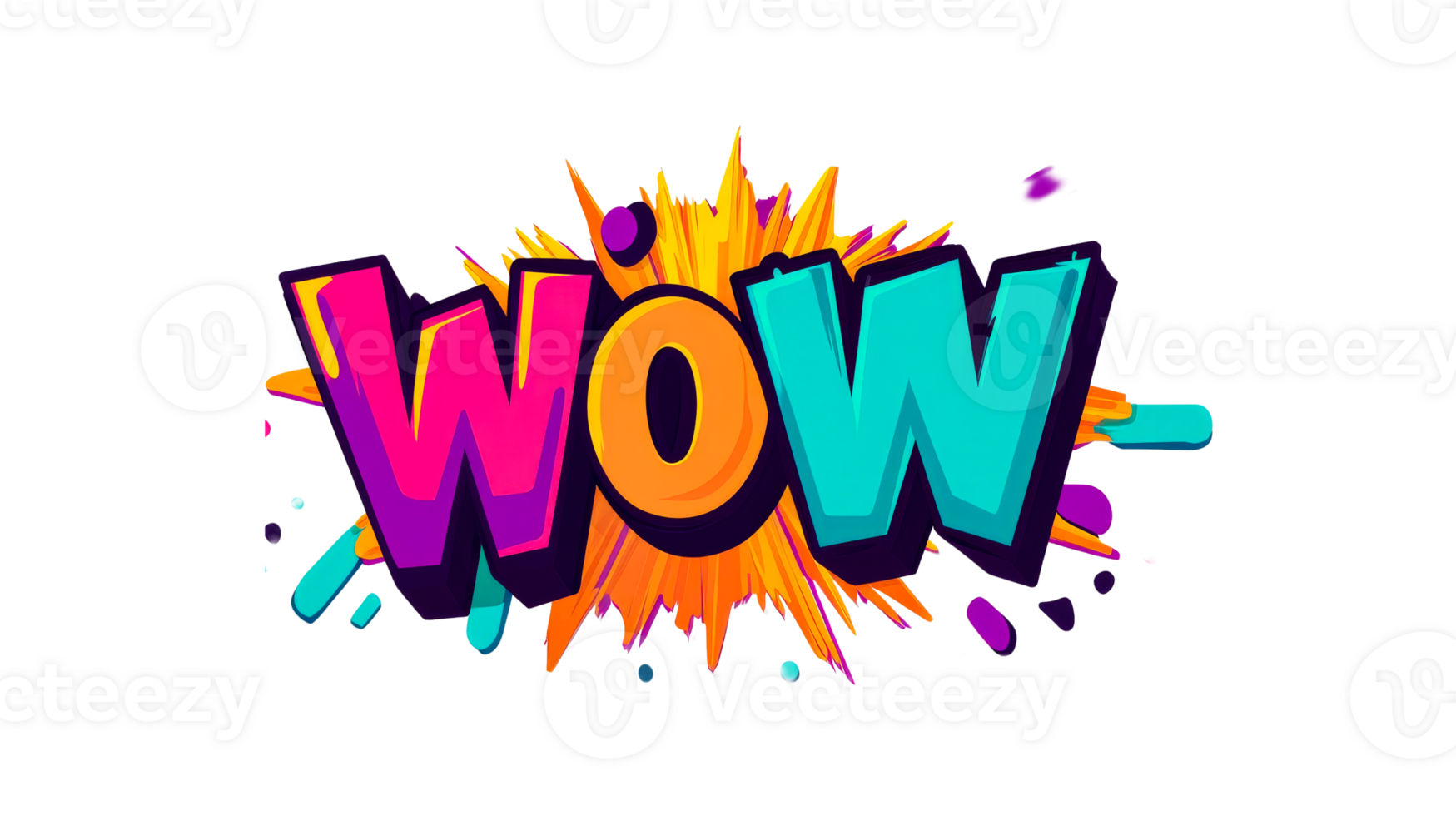 Colorful WOW text design with bright explosion background, cut out transparent png