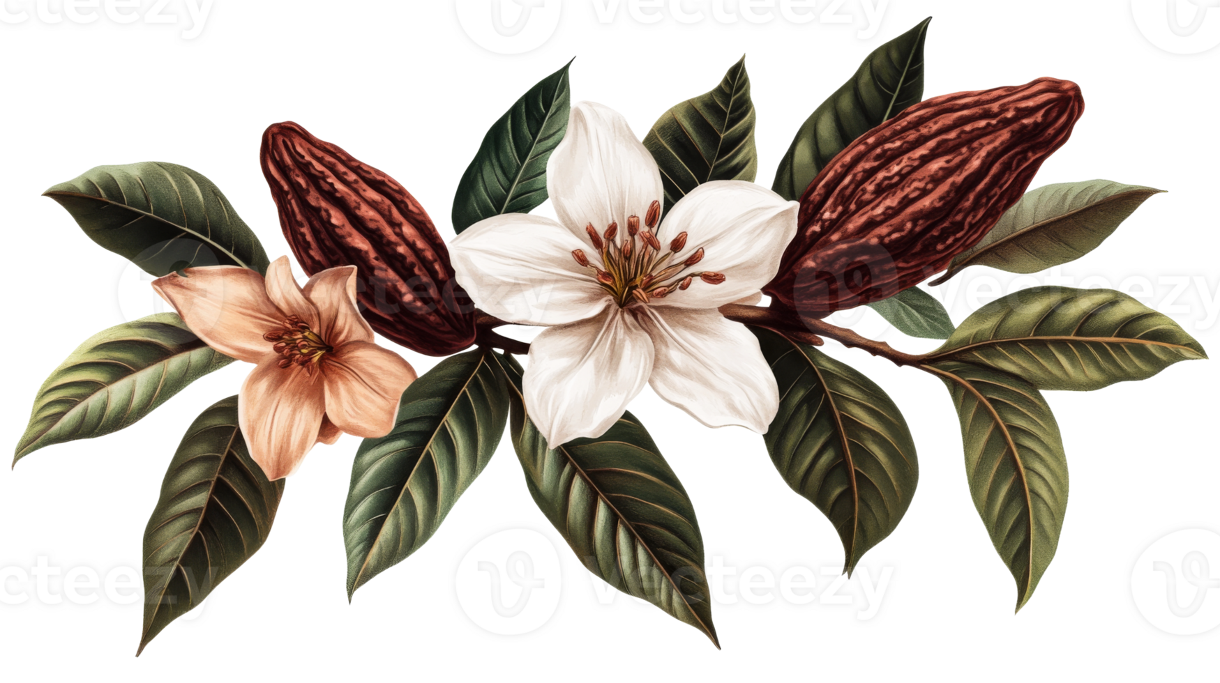 Cocoa flowers and pods composition, cutout transparent png
