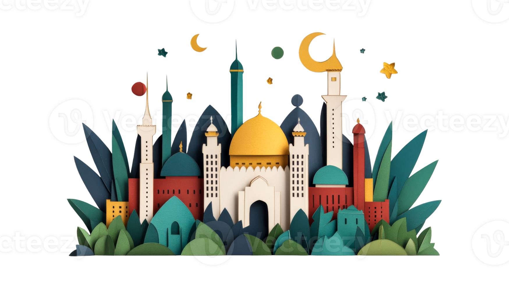 Mosque buildings with domes and towers, Islamic architecture, cut out transparent png