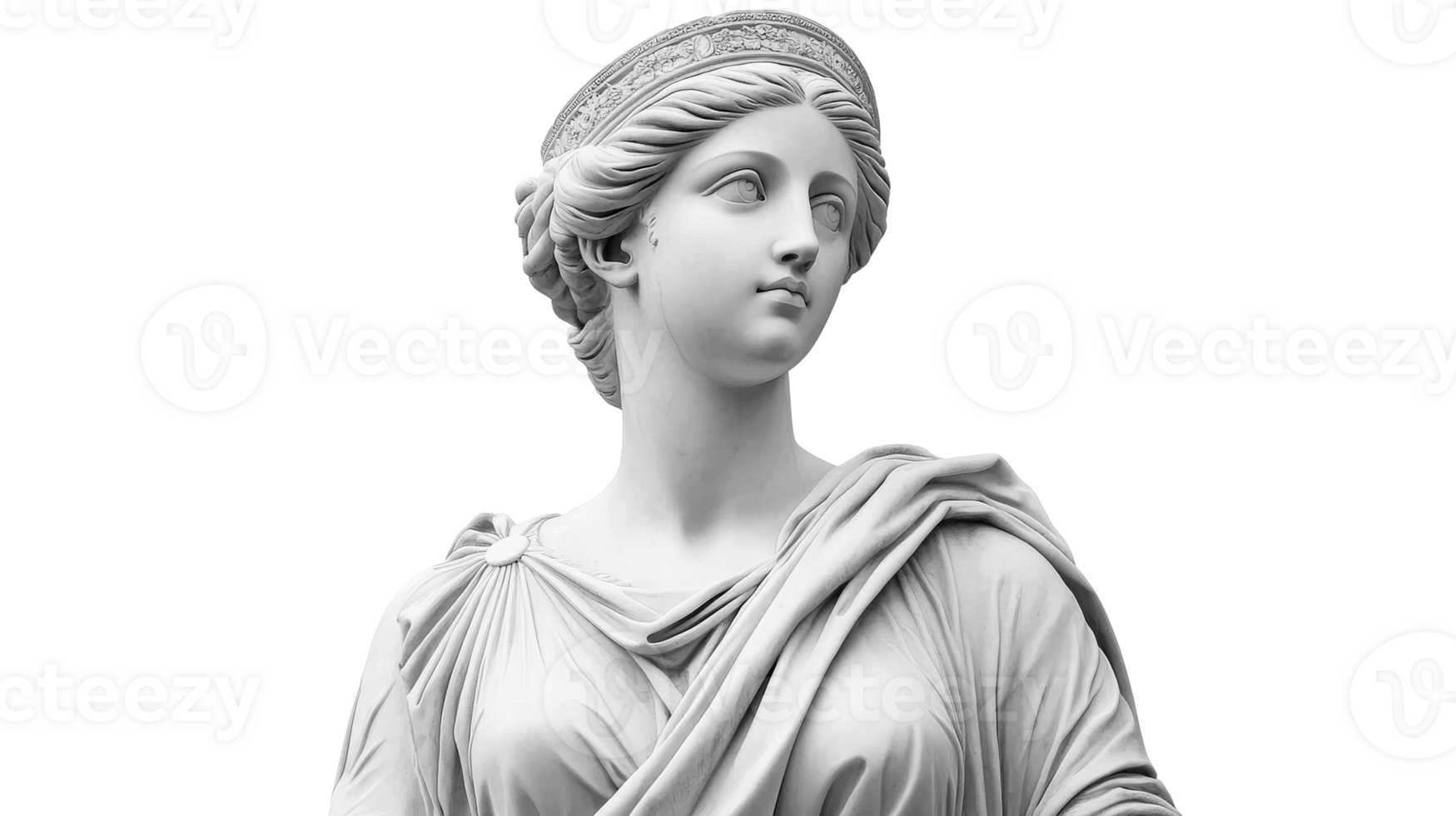 Ancient goddess statue with crown and draped clothing, cut out transparent png