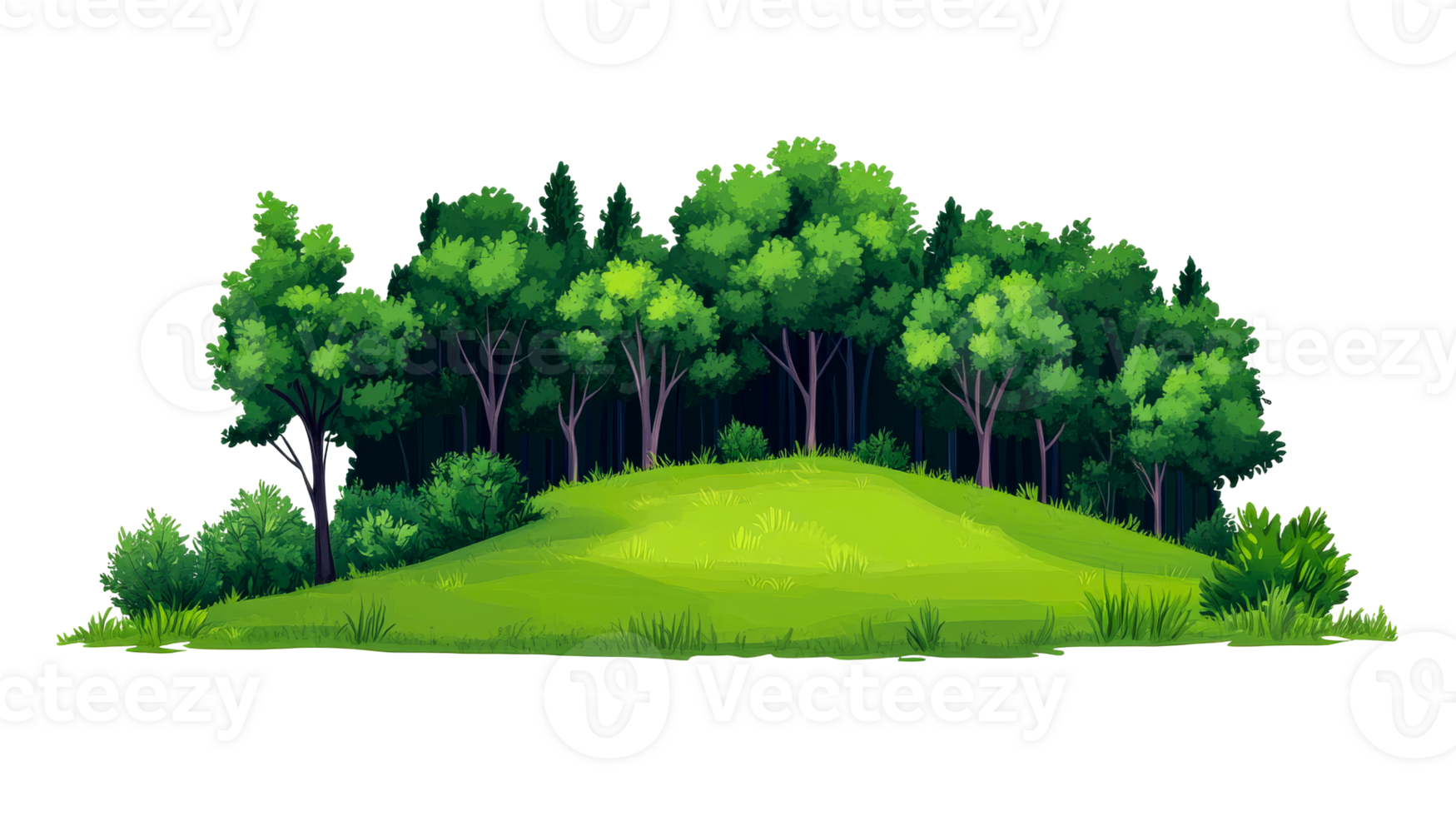 Grassy hill with lush trees and shrubs, idyllic landscape, cut out transparent png