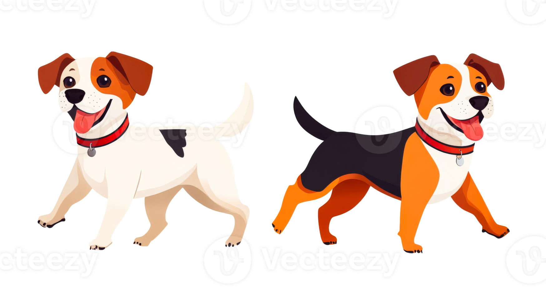 Two playful cartoon dogs with red collars, isolated, cut out transparent png