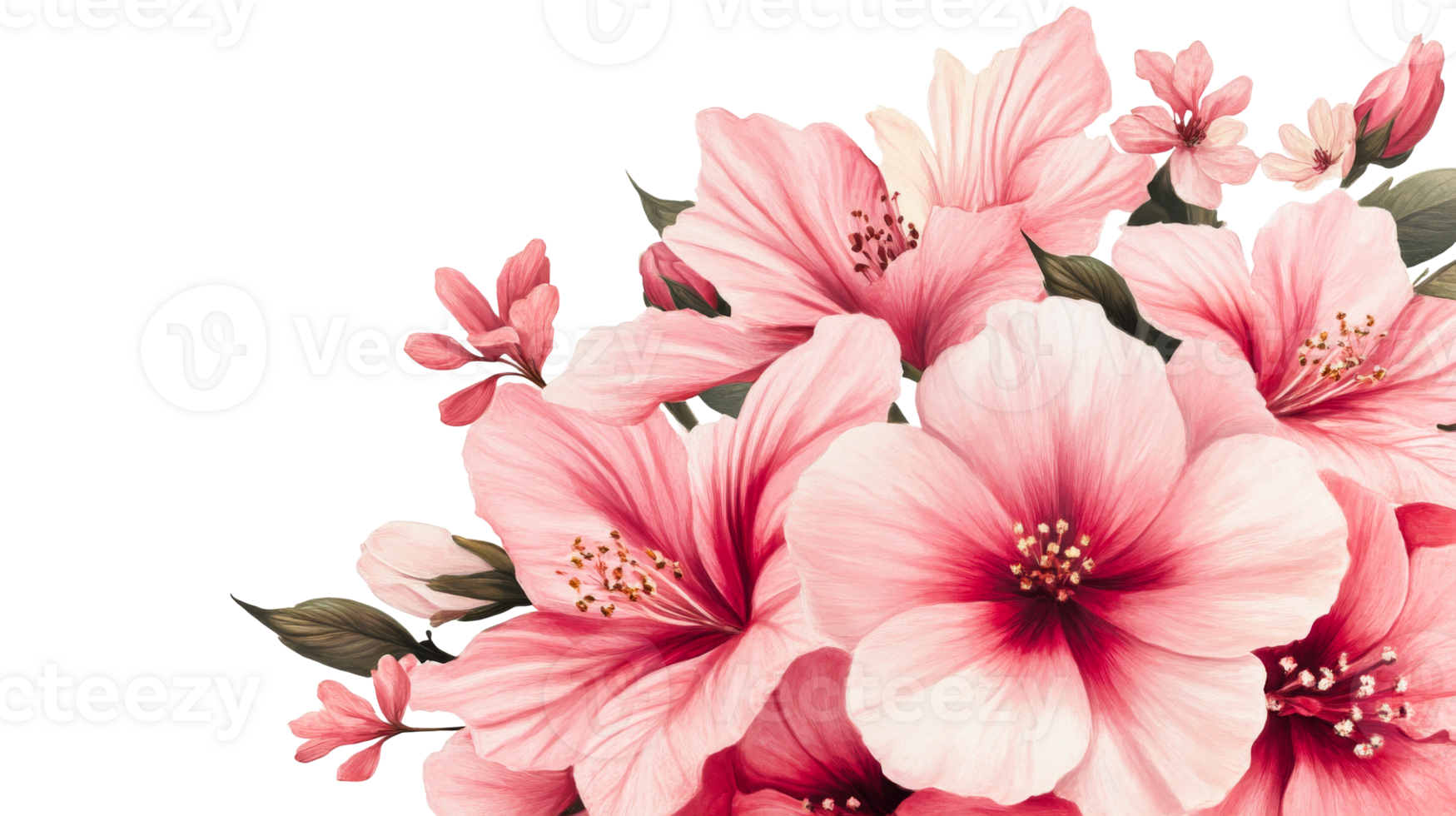 Pink hibiscus flowers with buds and leaves bouquet, cut out transparent png
