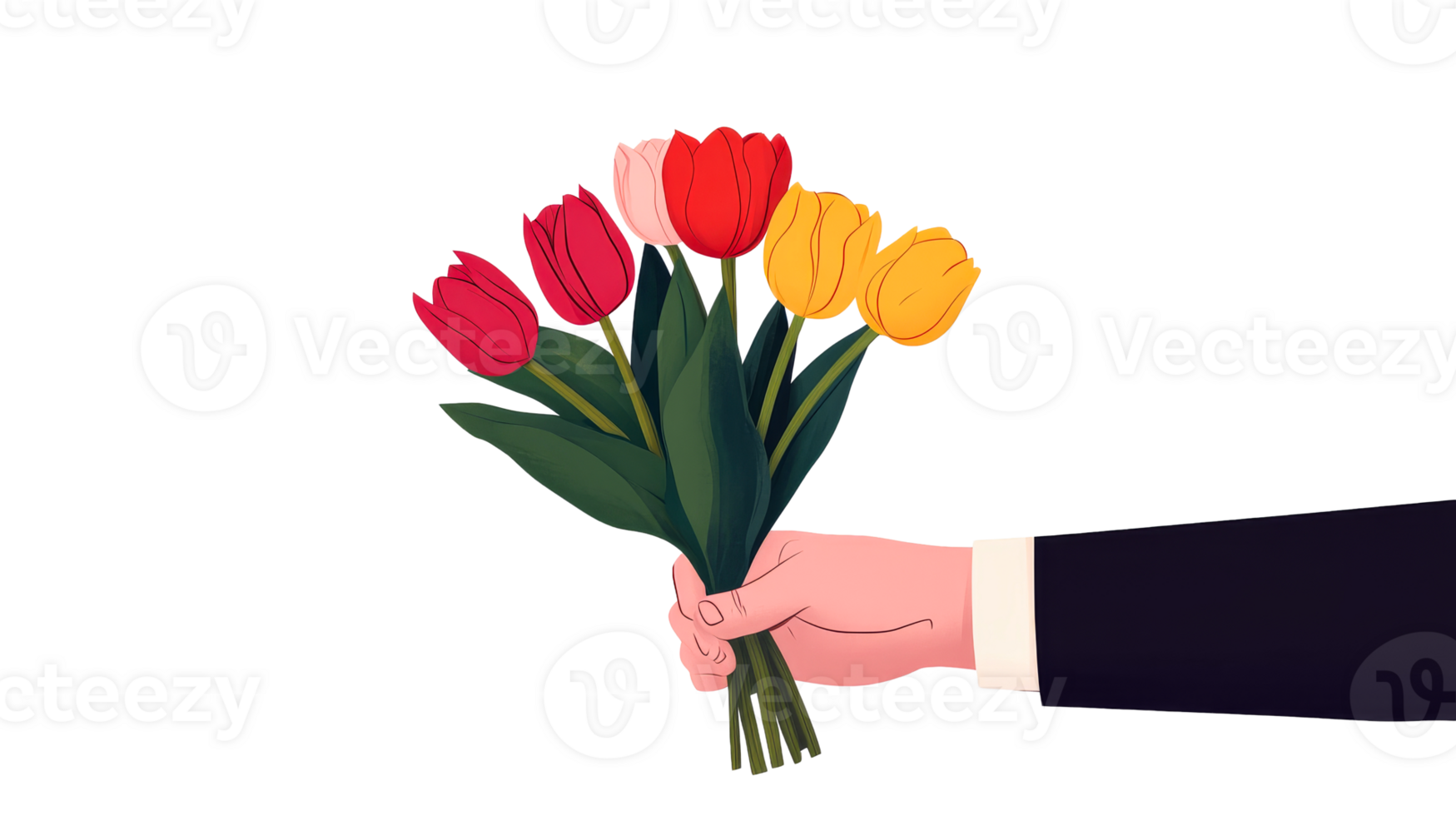 Hand holding bouquet of tulips, red, yellow, pink flowers, cut out transparent png