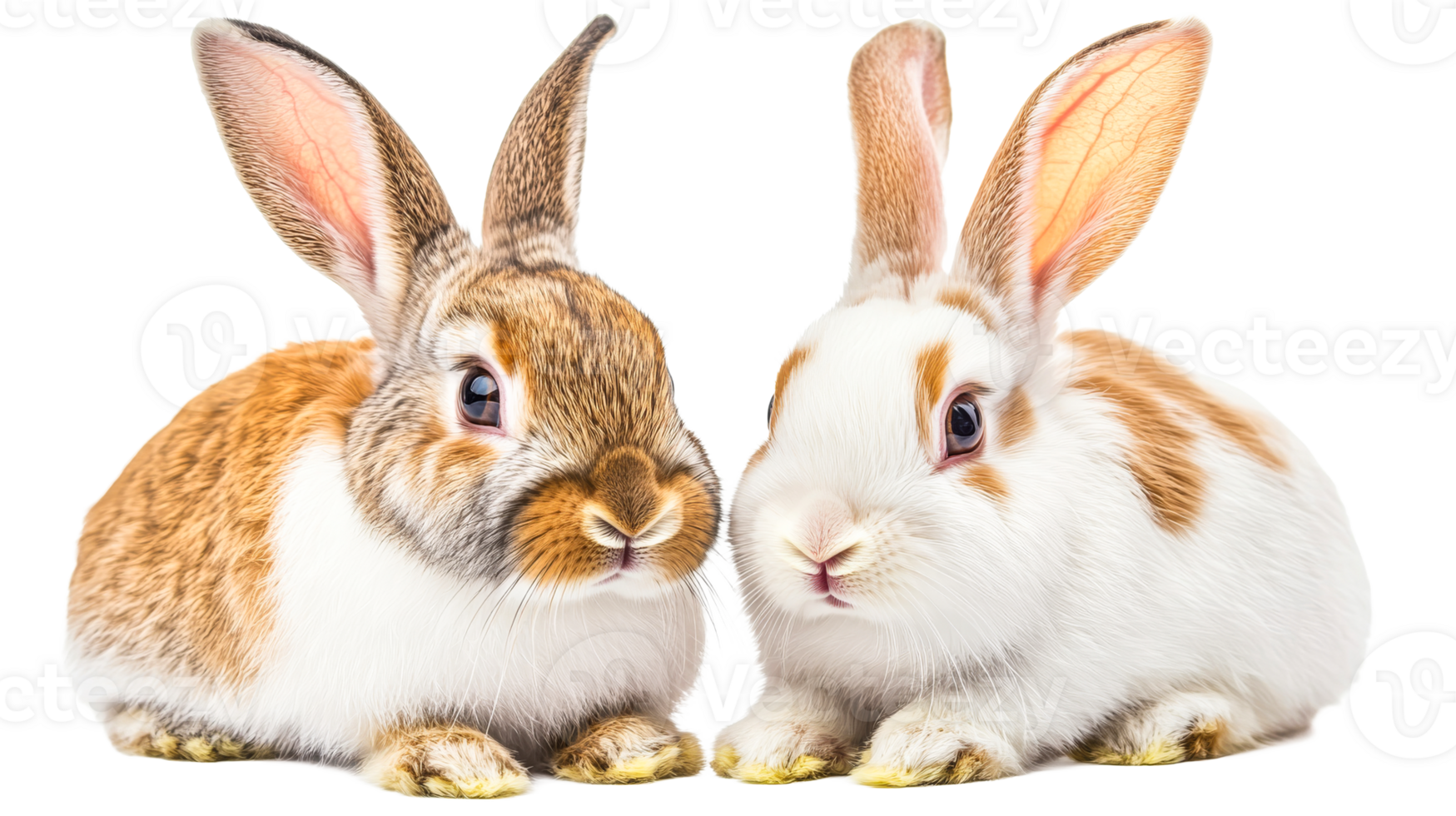 Two adorable rabbits in profile, domestic pets, studio shot, cut out transparent png