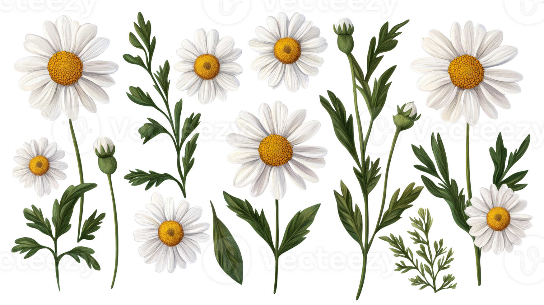 Daisies, daisies buds, stems and leaves on black background, cut out transparent png