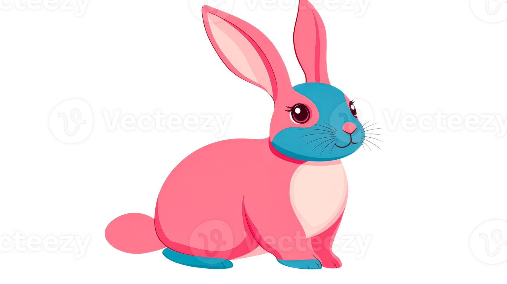 Pink and blue rabbit sitting in profile, cut out transparent png
