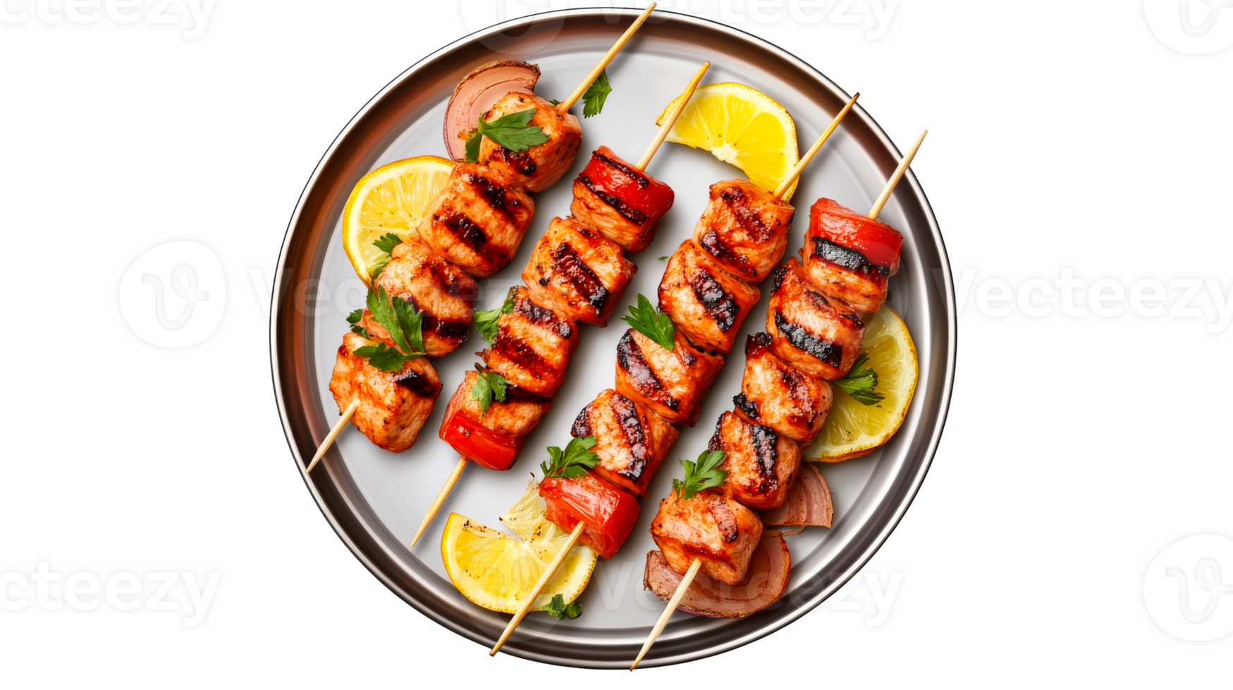 Grilled meat skewers on plate with lemon, isolated, cut out transparent png