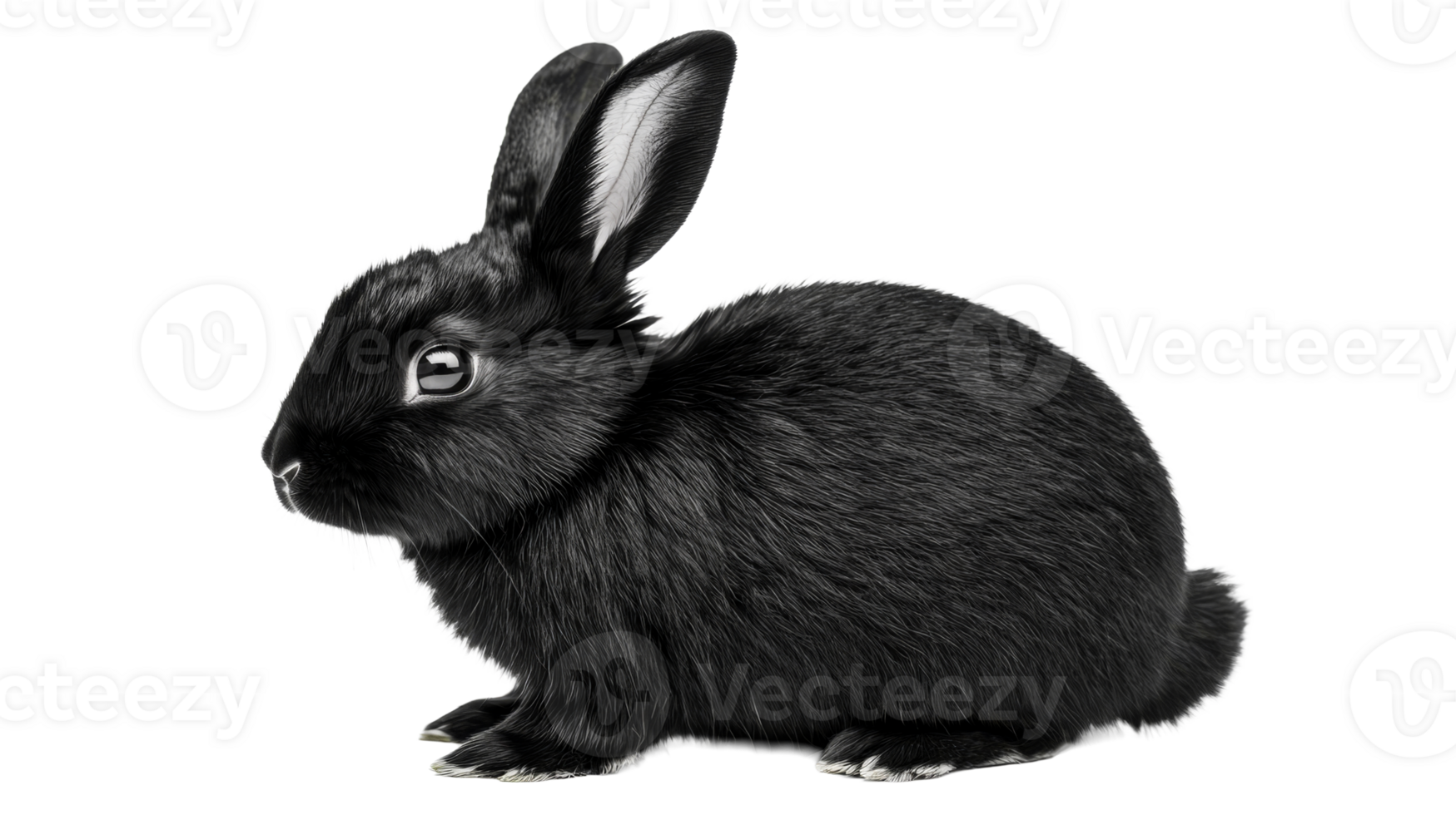 Black rabbit with long ears isolated on black background, cut out transparent png