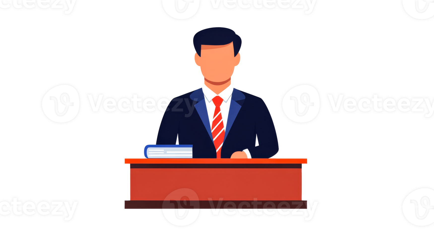 Man in suit behind podium with book illustration, cut out transparent png