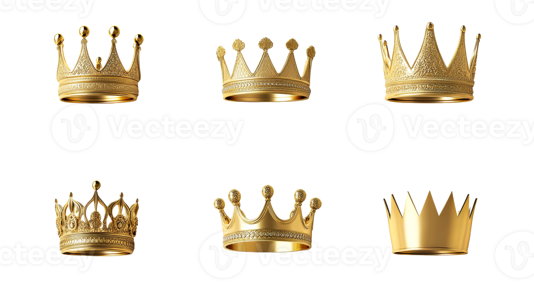 Golden crown variations on black background, cut out transparent png
