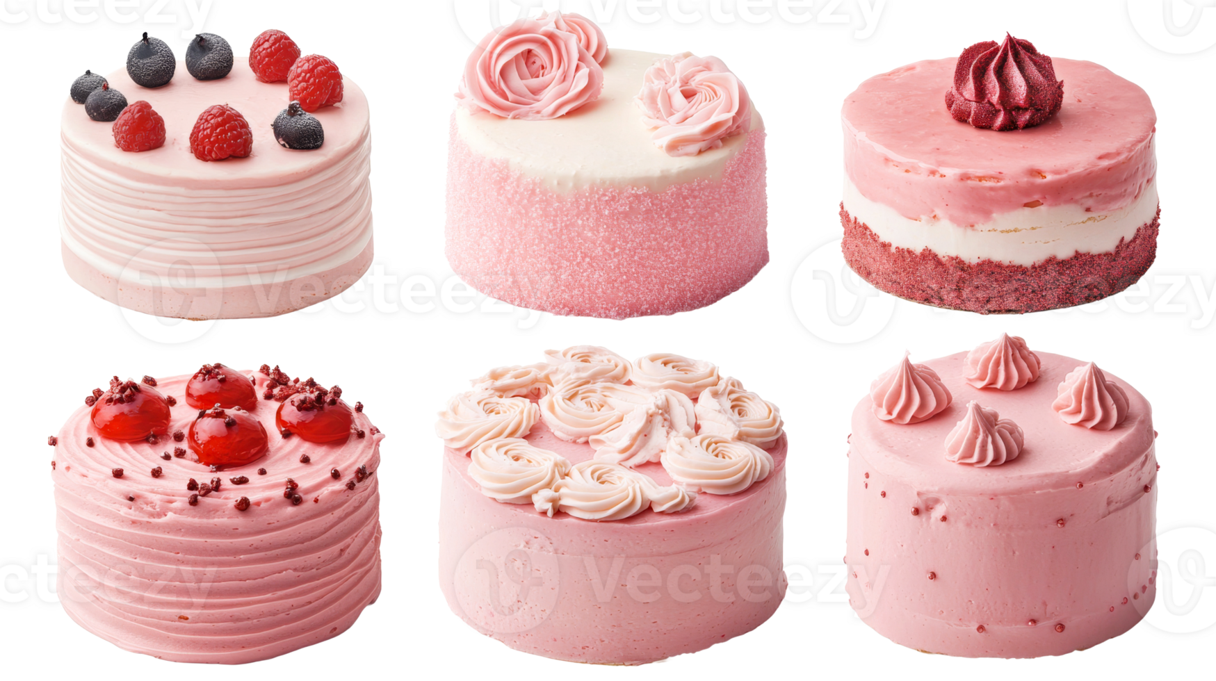 Pink cakes collection with various toppings, isolated on black, cut out transparent png