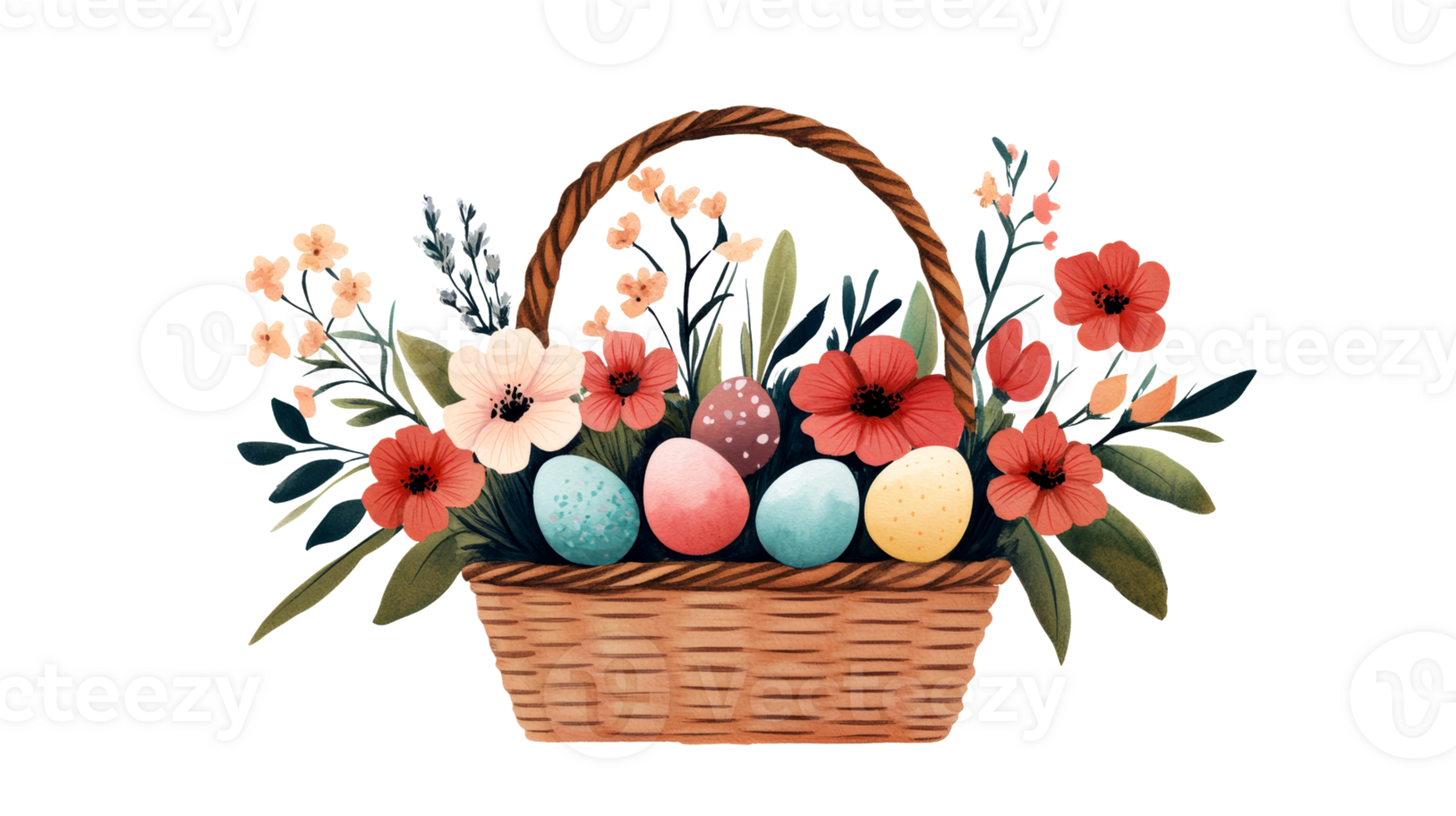 Easter basket with flowers and colorful eggs, cut out transparent png