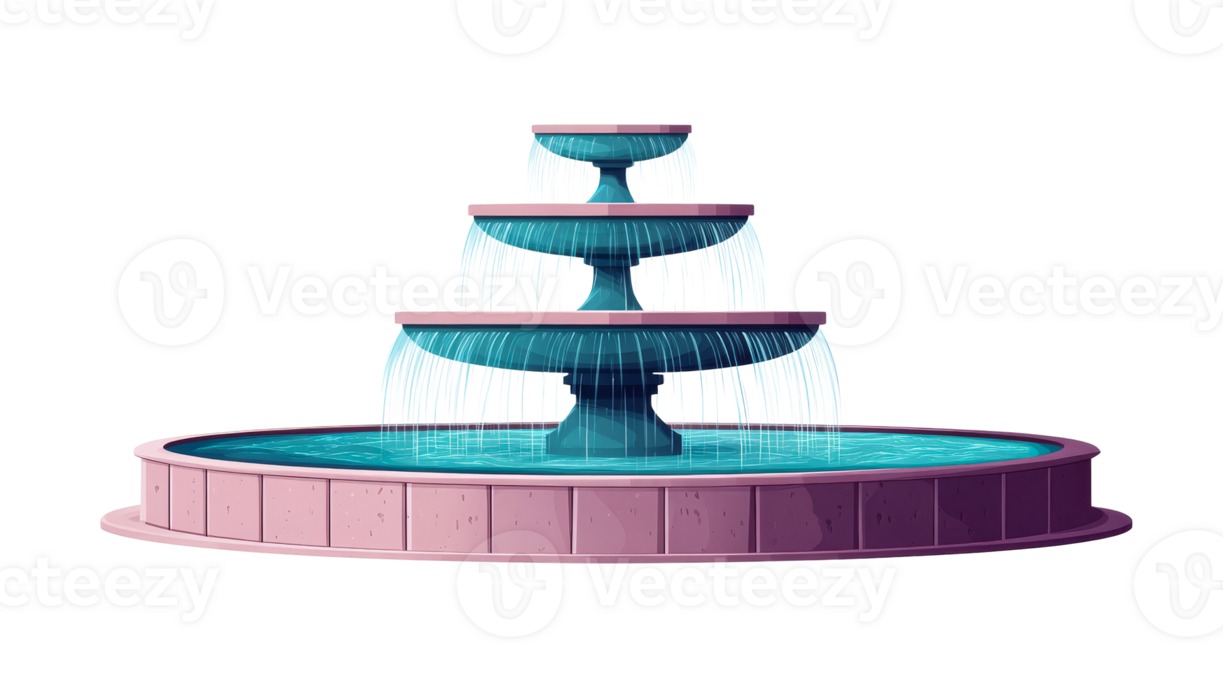 Three-tiered stone fountain with water cascading down, cut out transparent png