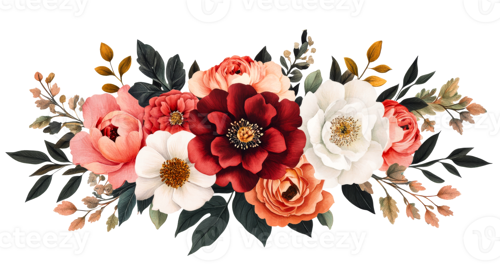 Floral arrangement with red, white, peach roses, cut out transparent png