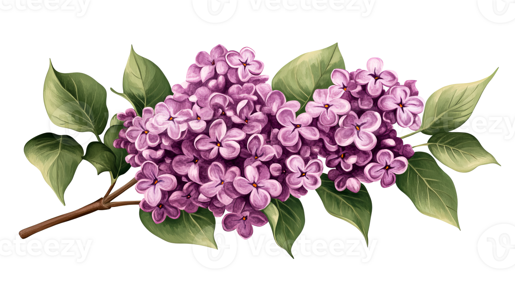 Branch of lilac flowers, delicate petals and green leaves, cut out transparent png