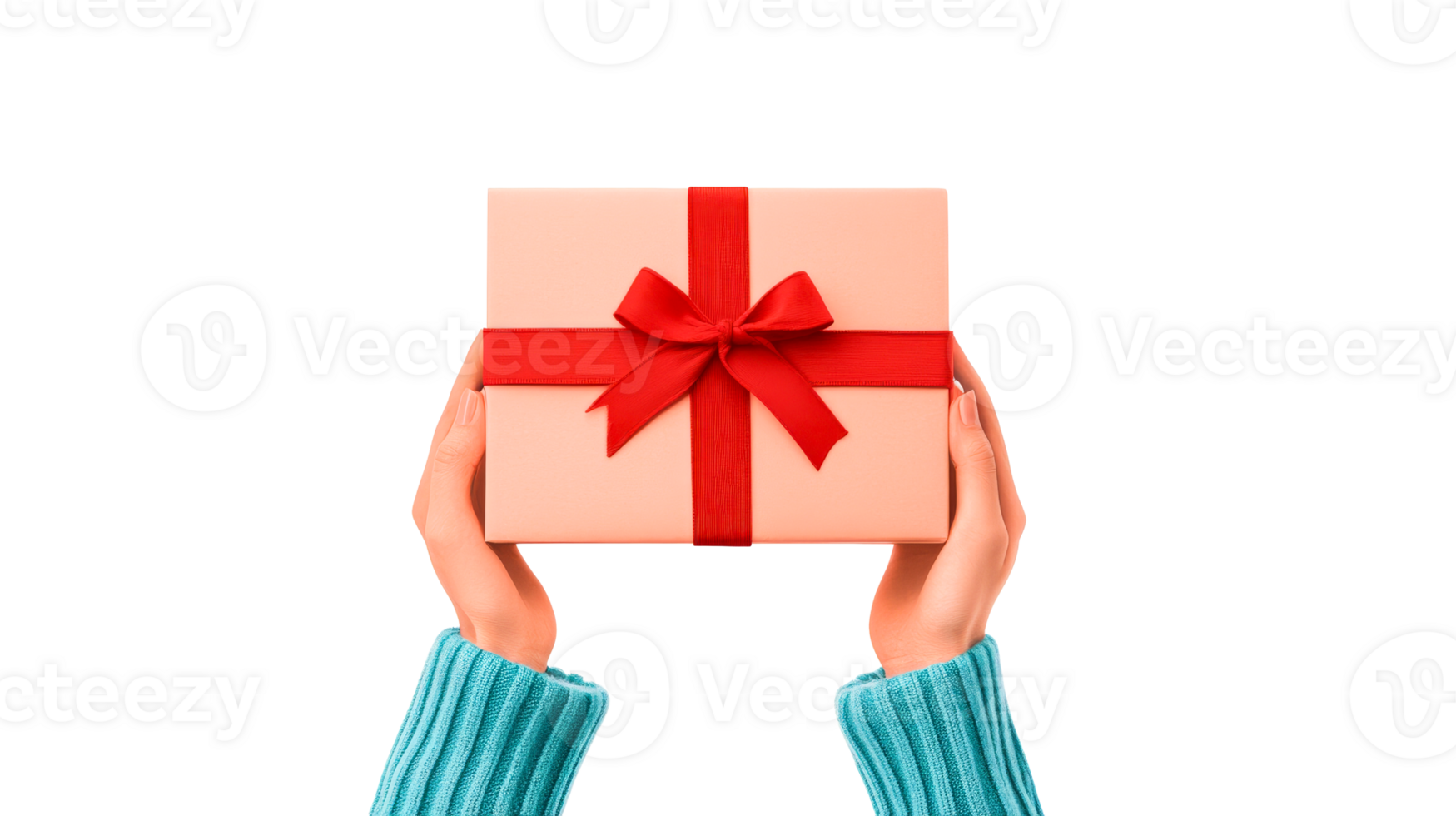 Hands holding gift with red bow in a sweater, cut out transparent png