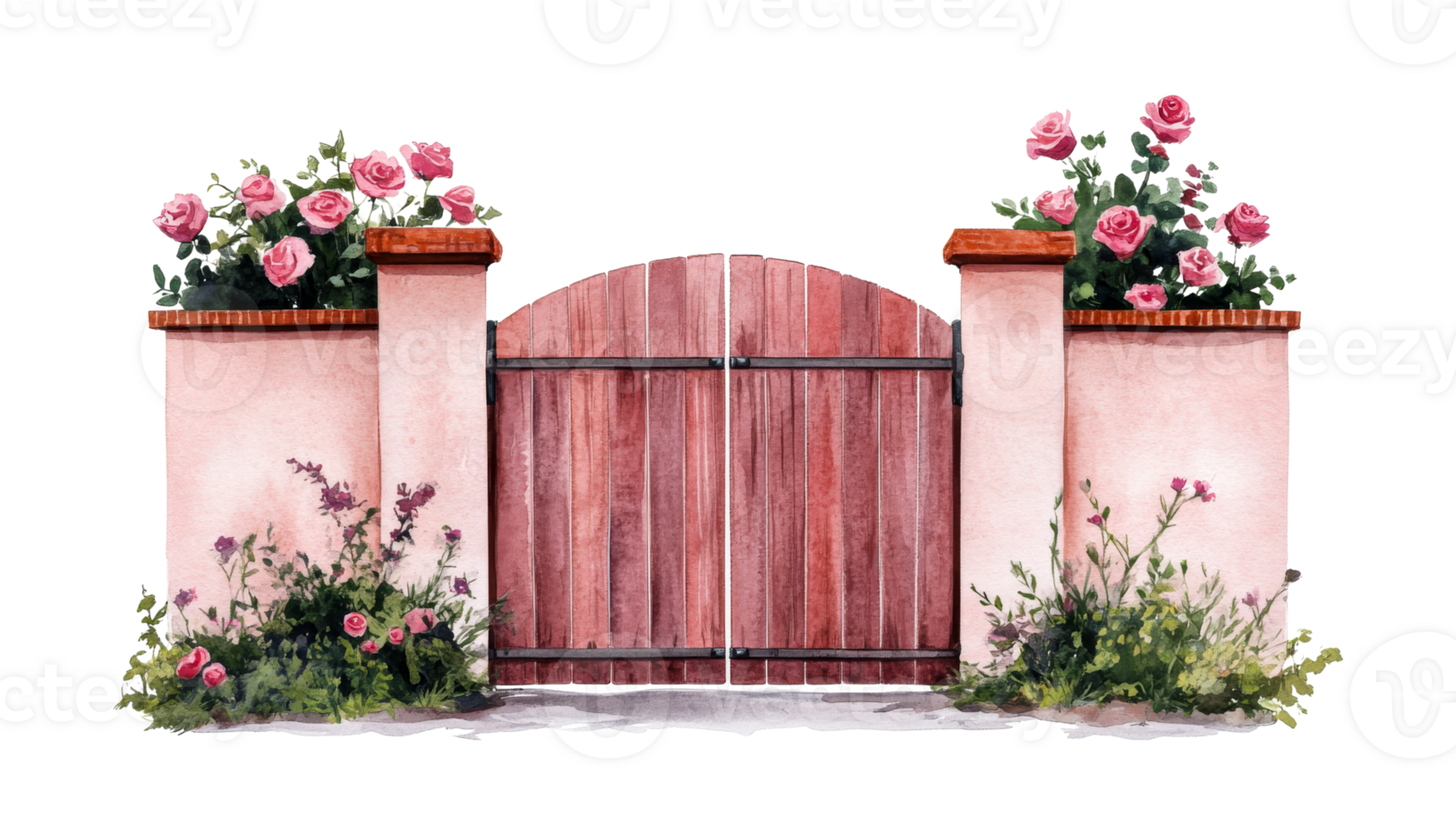 Watercolor wooden gate illustration with flowers and plants, cut out transparent png