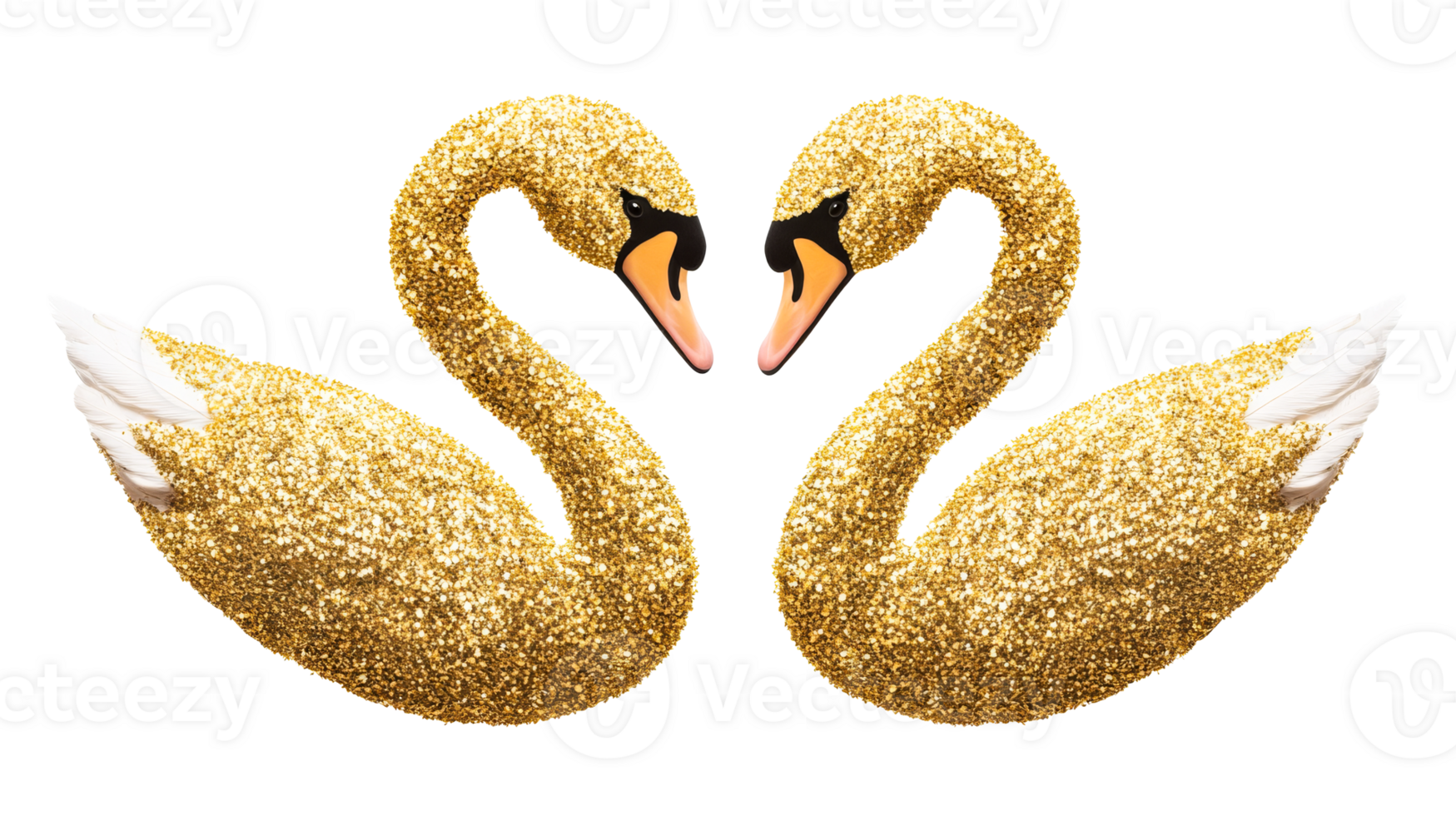 Two swans in love with gold glitter, forming heart, cut out transparent png