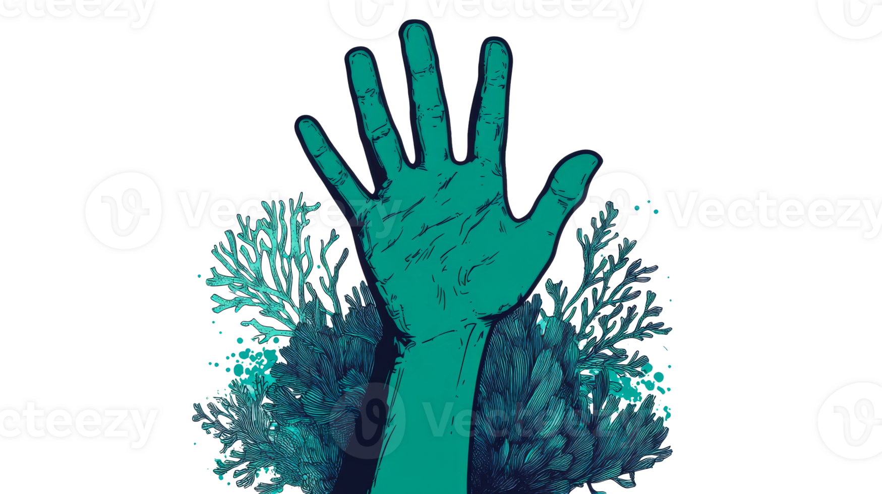 Hand rising from sea, algae growing around, cut out transparent png