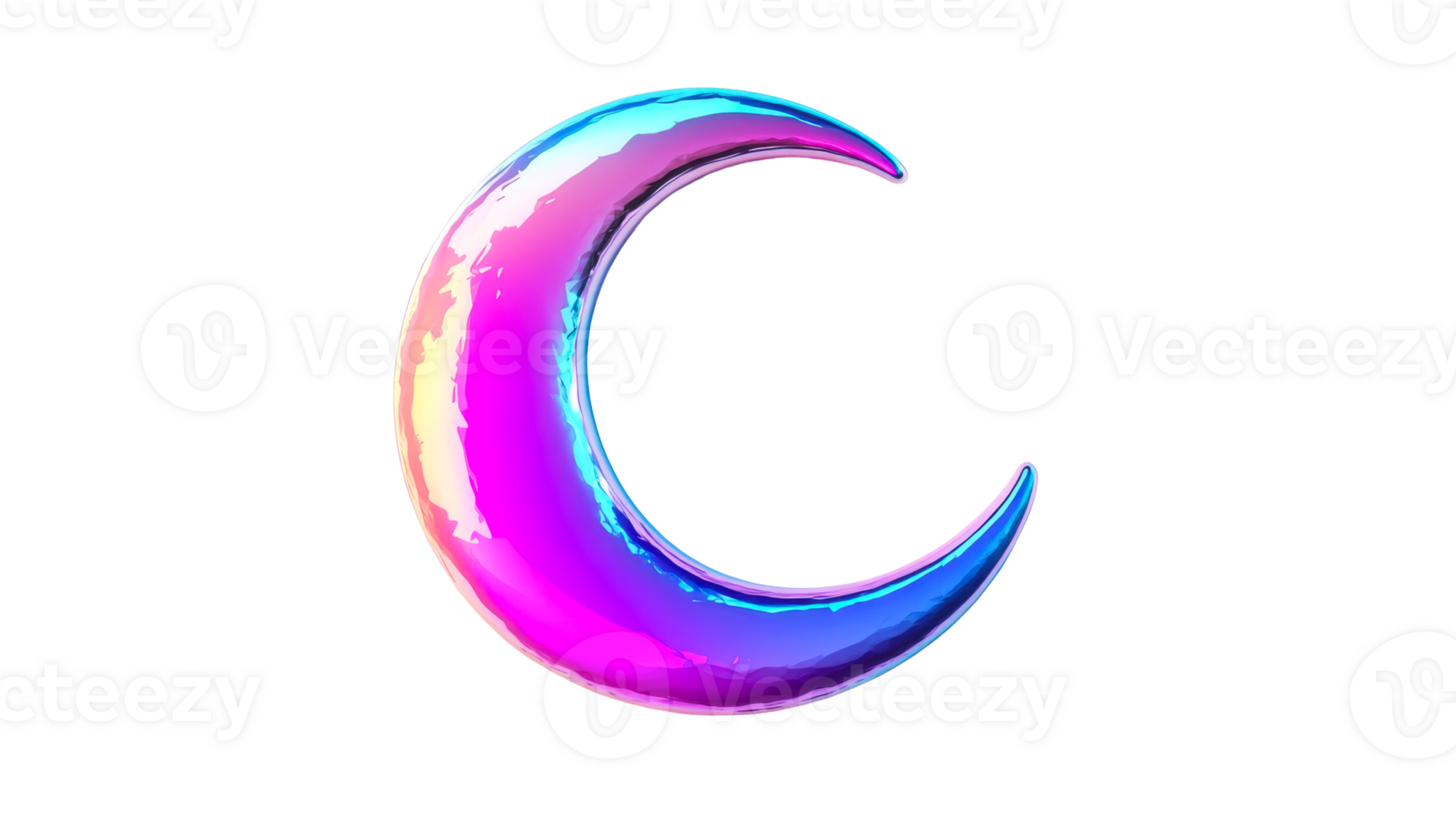 Iridescent crescent moon design in 3D rendering, cut out transparent png