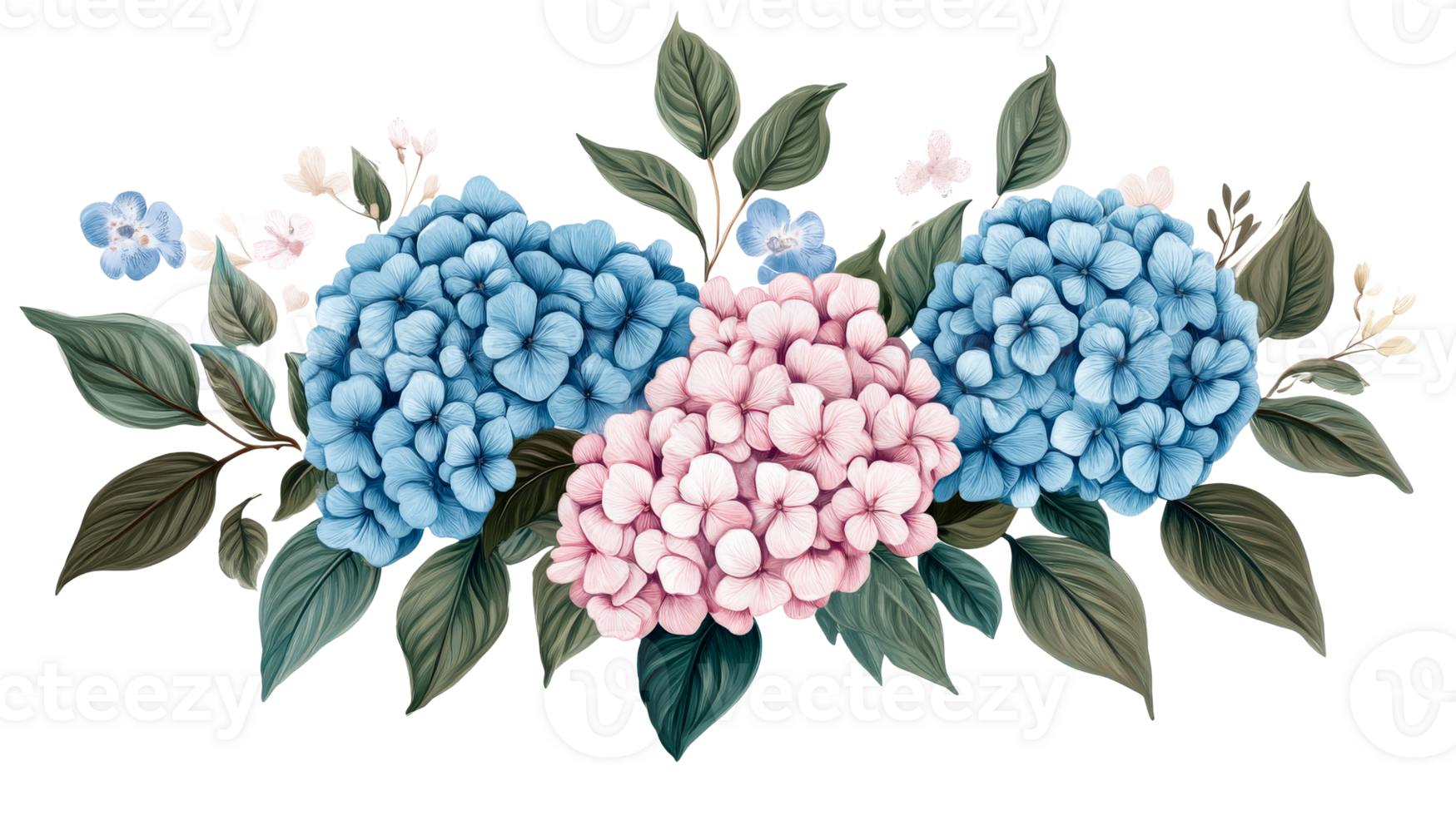 Floral arrangement of hydrangeas and foliage, cut out transparent png