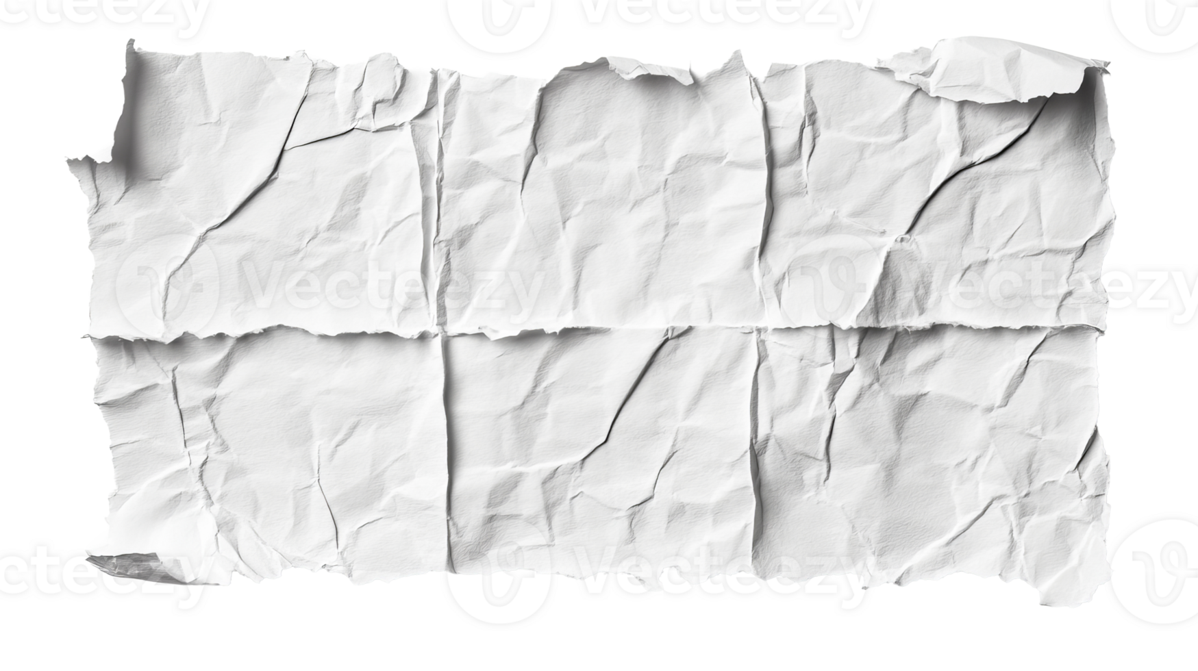 Torn crumpled white paper sheet, blank surface, abstract detail, cut out transparent png