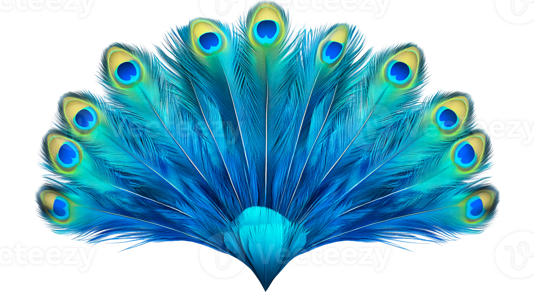 Ornamental peacock feathers pattern, vivid blue color, cut out transparent png