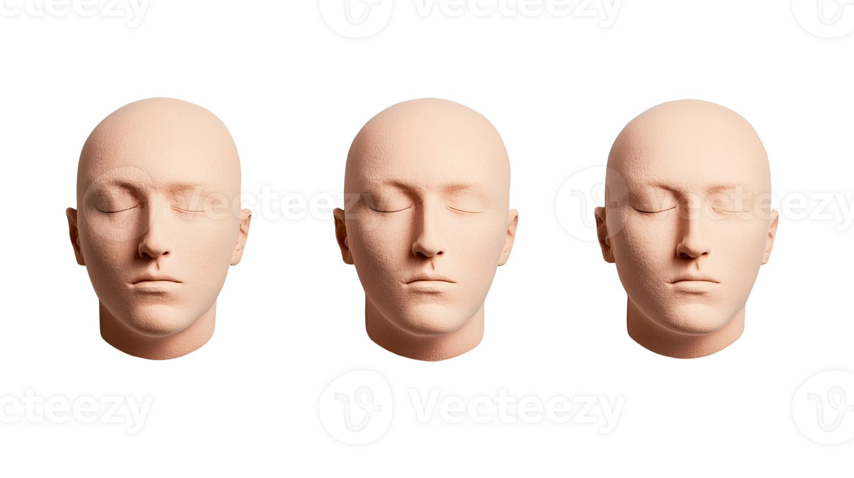 Set of three identical blank mannequin heads, isolated against black, cut out transparent png