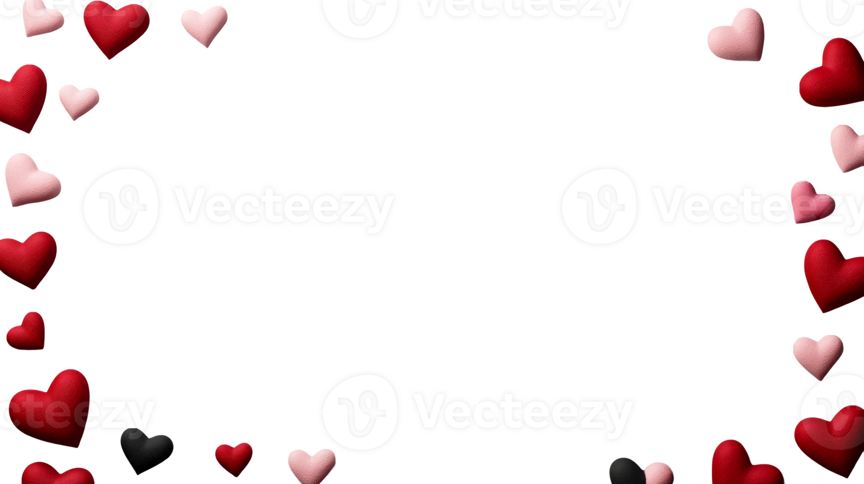 Frame of red and pink hearts on a black background, cut out transparent png