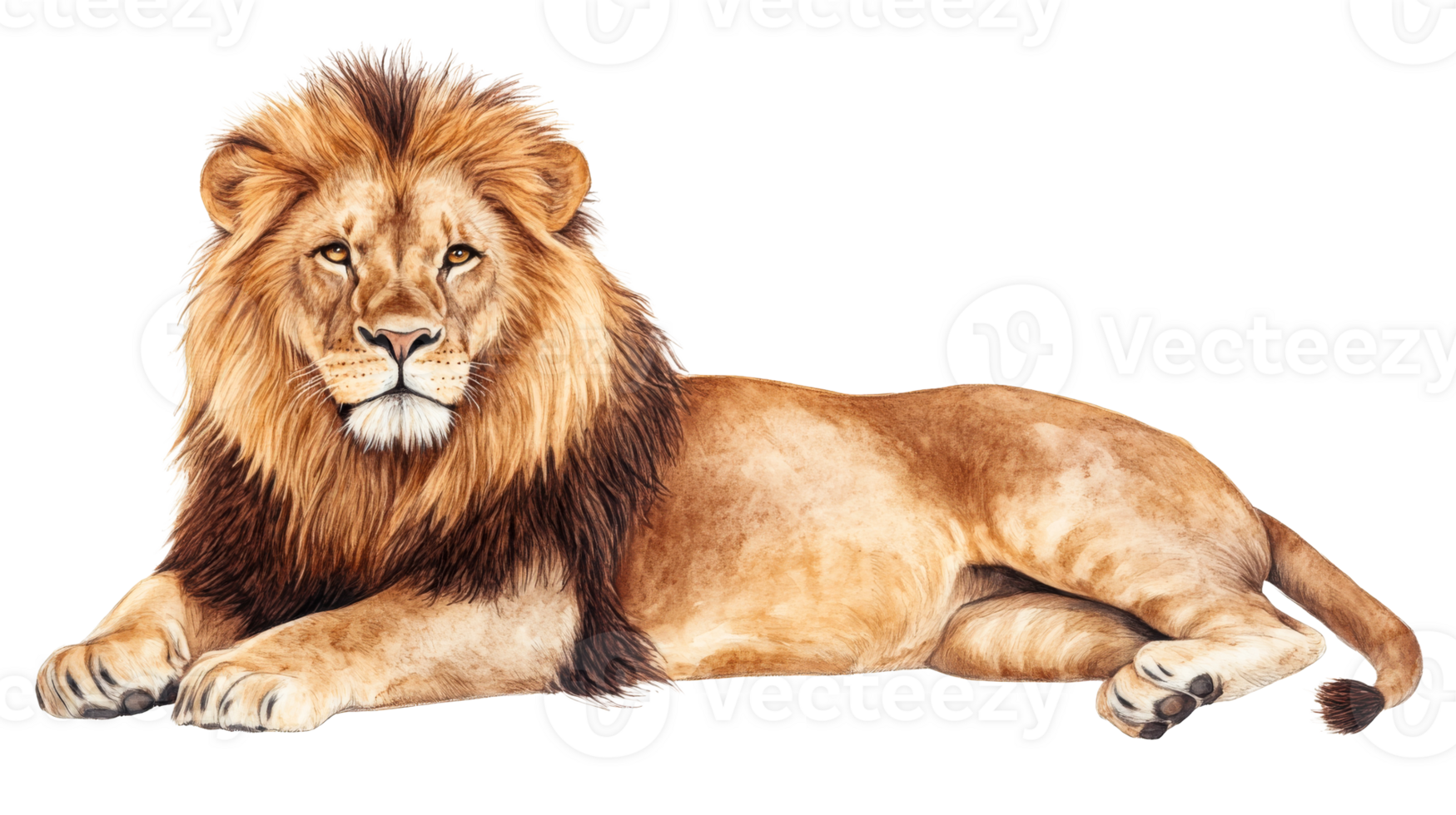 Majestic lion laying down calmly, regal feline, detailed illustration, cut out transparent png