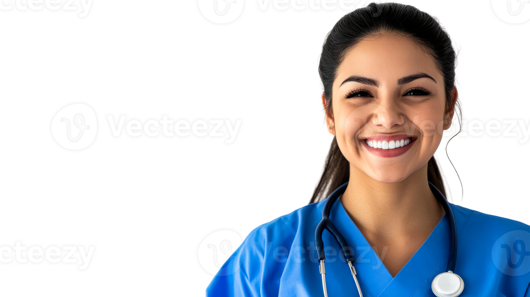 Nurse smiles in blue scrubs with a stethoscope, cut out transparent png